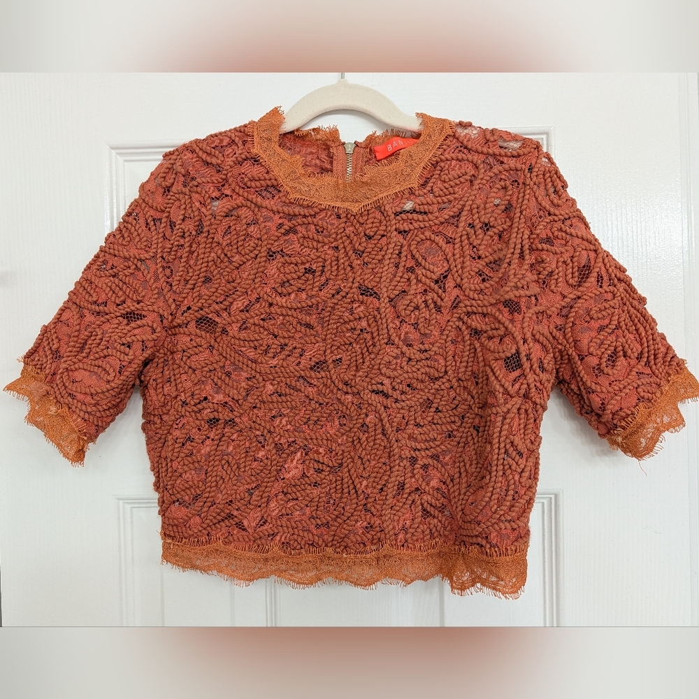 Banjul Rust Textured Lace Short Sleeve Zip Up Back Crop Top